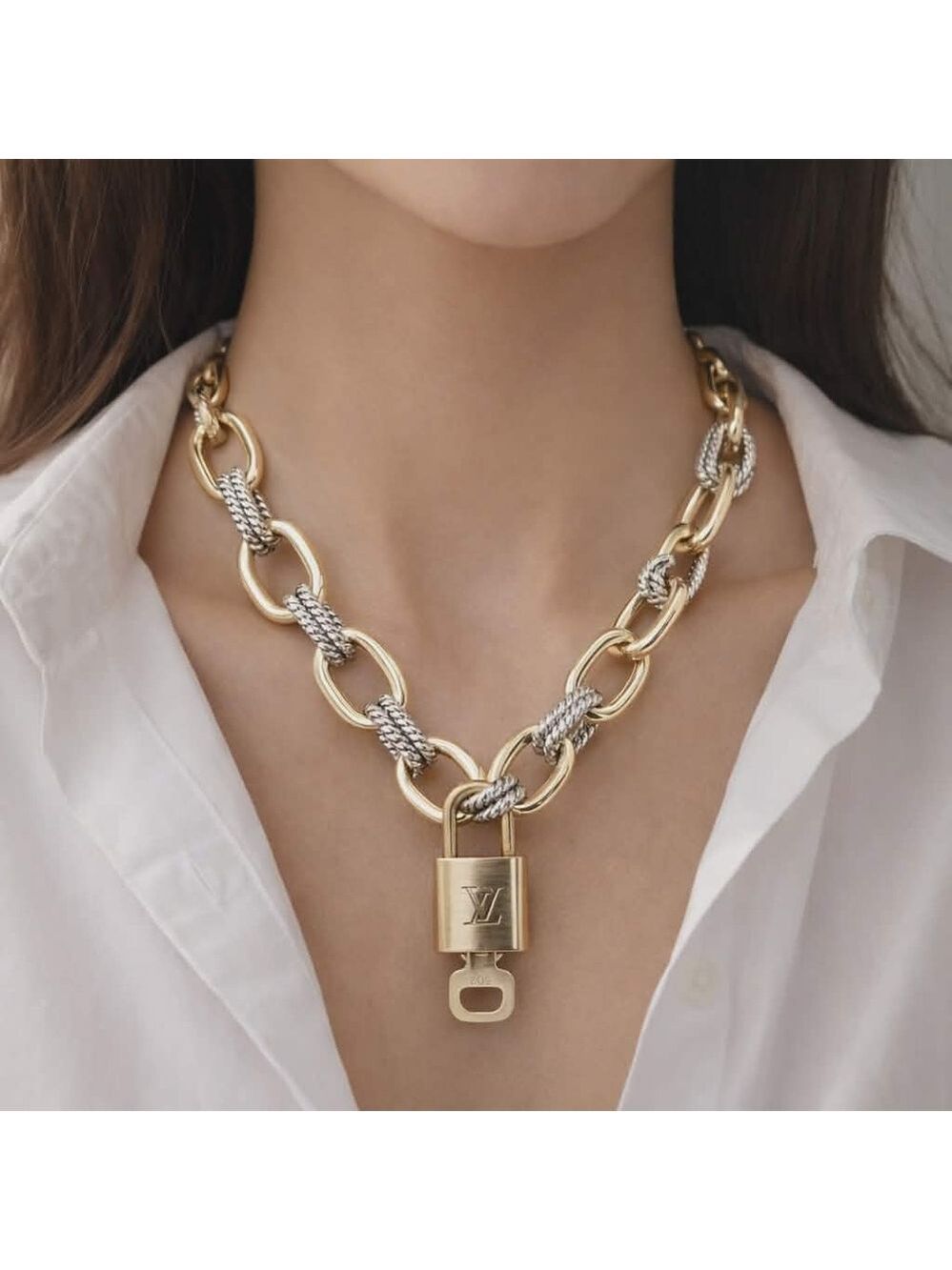 Authentic Louis Vuitton Gold Padlock w/ Unbranded Fashion Geometry Necklace